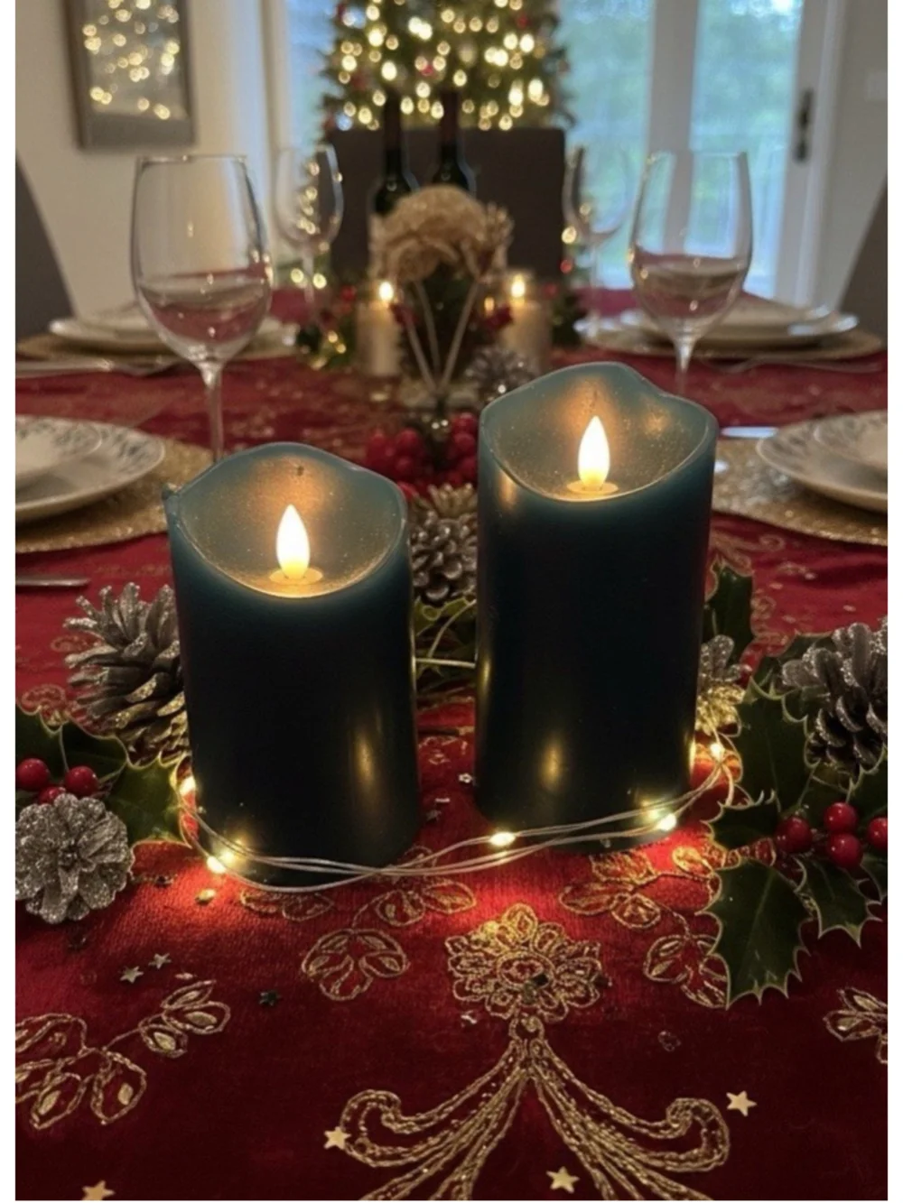 2 green Pillar Artifical Flame Candles-holiday Ambience-real Wax-country Cottage